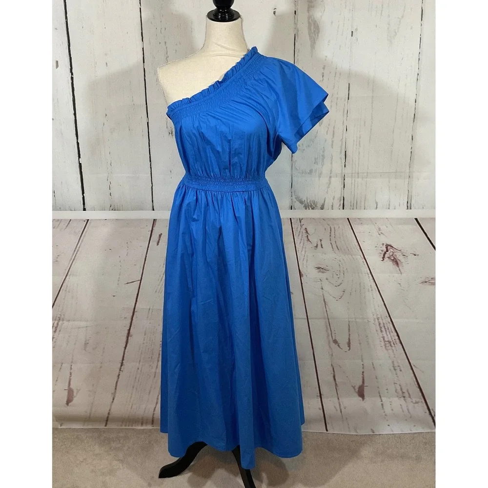 J. Crew One Shoulder Midi Dress Smocked Waist Pockets Blue Size S Wedding Resort
